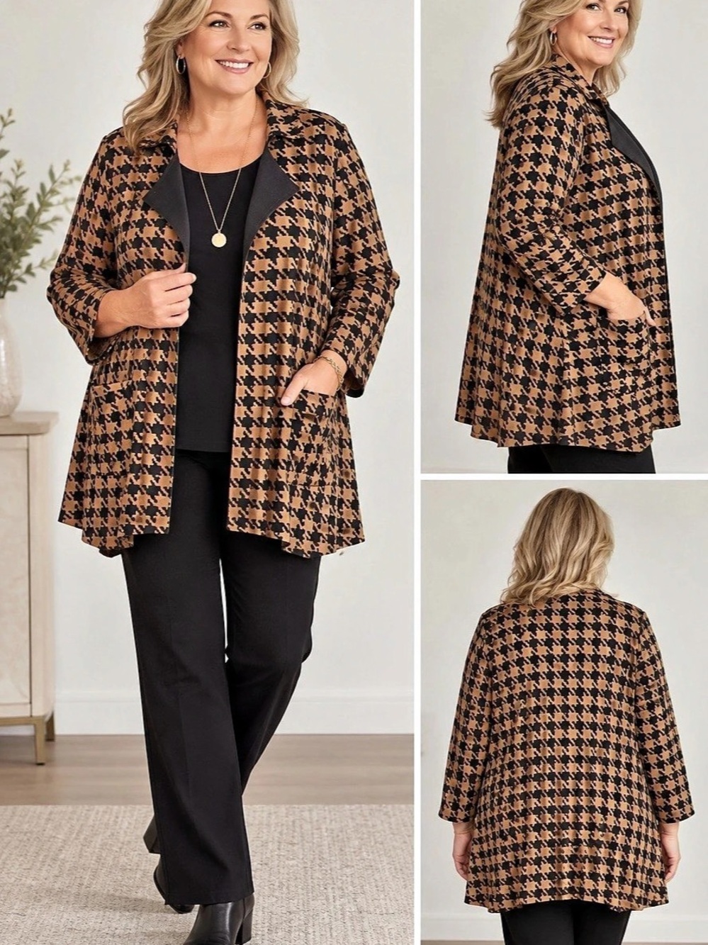 Joan Rivers XL Houndstooth Open Front Cardigan Jacket Tan Black Pockets